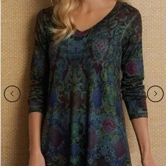 SOFT SURROUNDINGS Women's Pet L Poppy Feild Printed Dark Floral Tunic Top - Picture 15 of 16